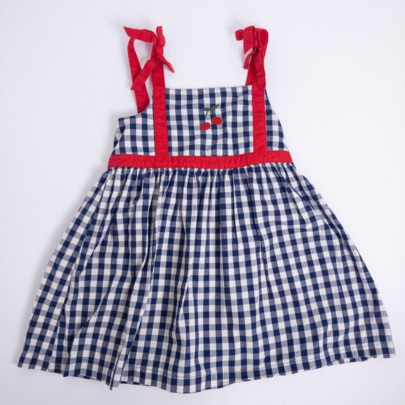 Hanna Andersson 2-Piece Gingham Embroidered Cherry Dress Set Navy Girls Sz 3T - Picture 1 of 11